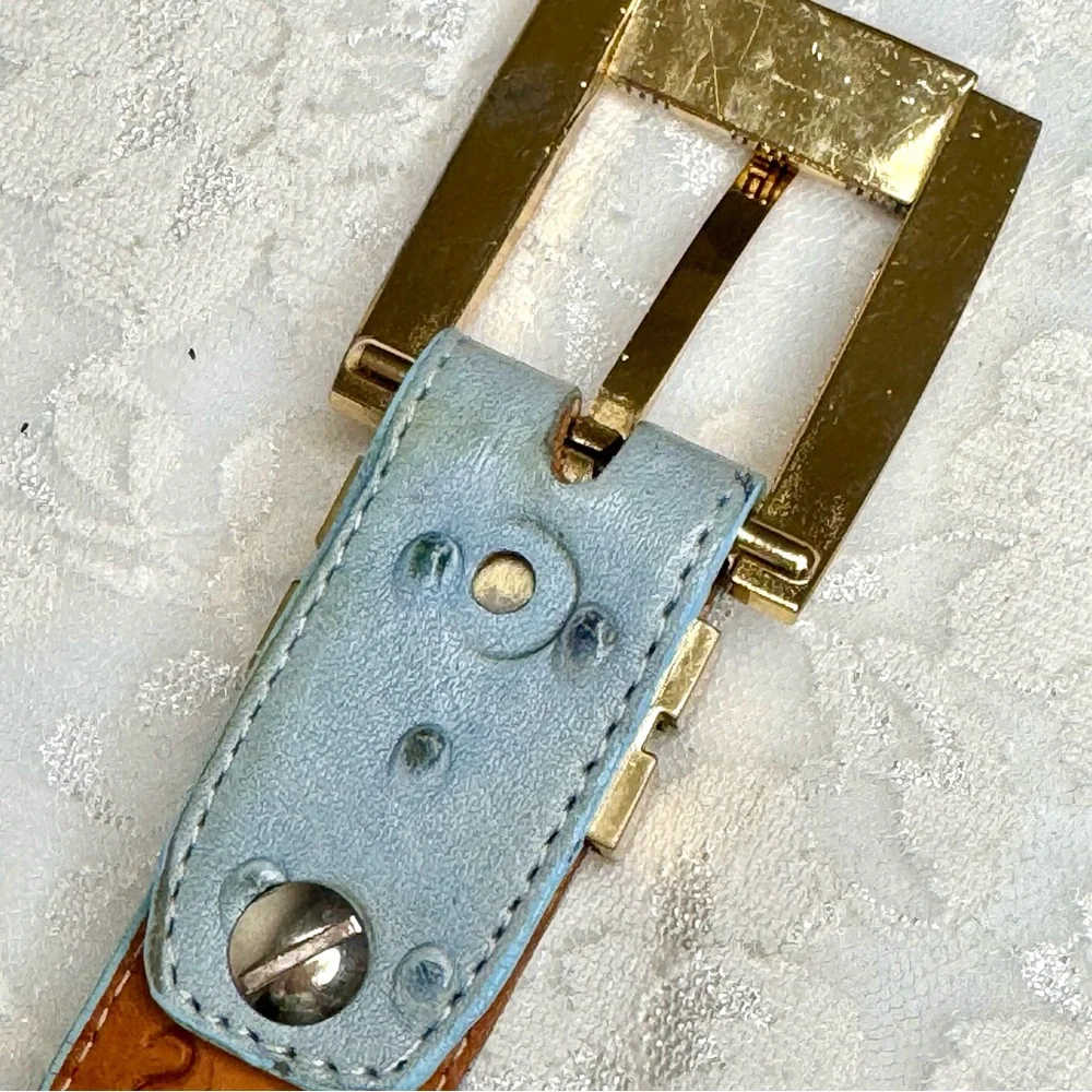 Vintage Kids Leather Western Belt Gold Medallion Buckle Ostrich Mexico Rodeo 20